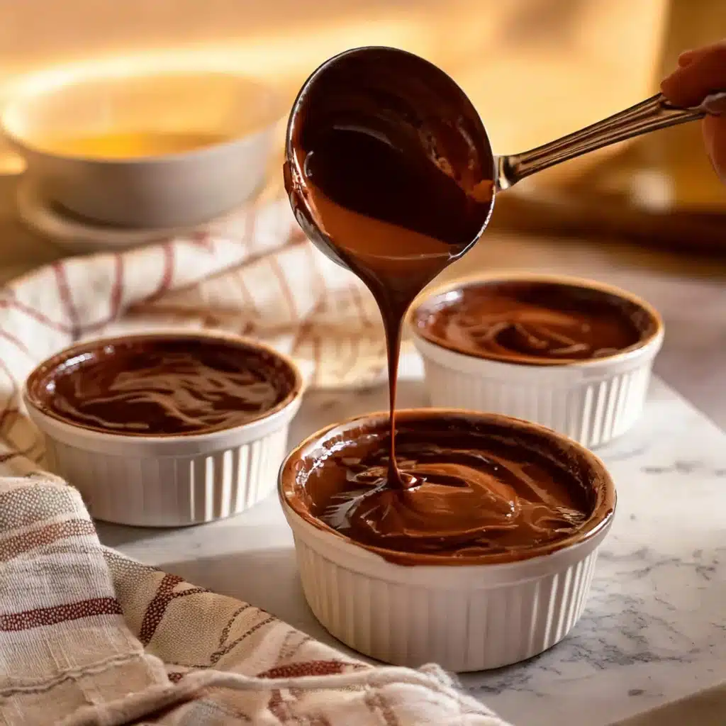 Chocolate batter being poured into ramekins on a marble counter, surrounded by soft linens in a cozy kitchen setting.