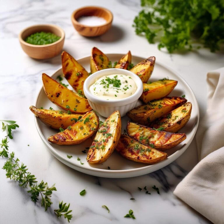 Grilled potato wedges arranged on a plate with a creamy dip, garnished with fresh herbs.