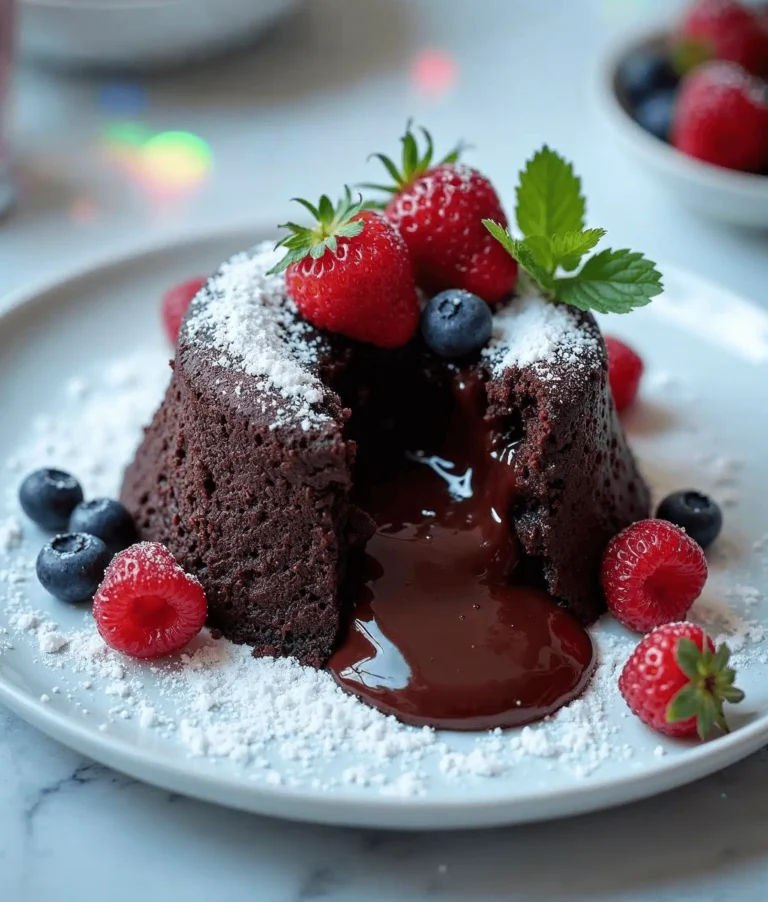 A molten chocolate lava cake with gooey chocolate center spilling out, garnished with powdered sugar, strawberries, blueberries, and mint.