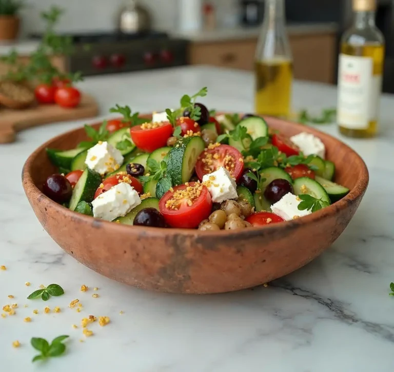 A wooden bowl of Taverna salad with fresh veggies and feta.