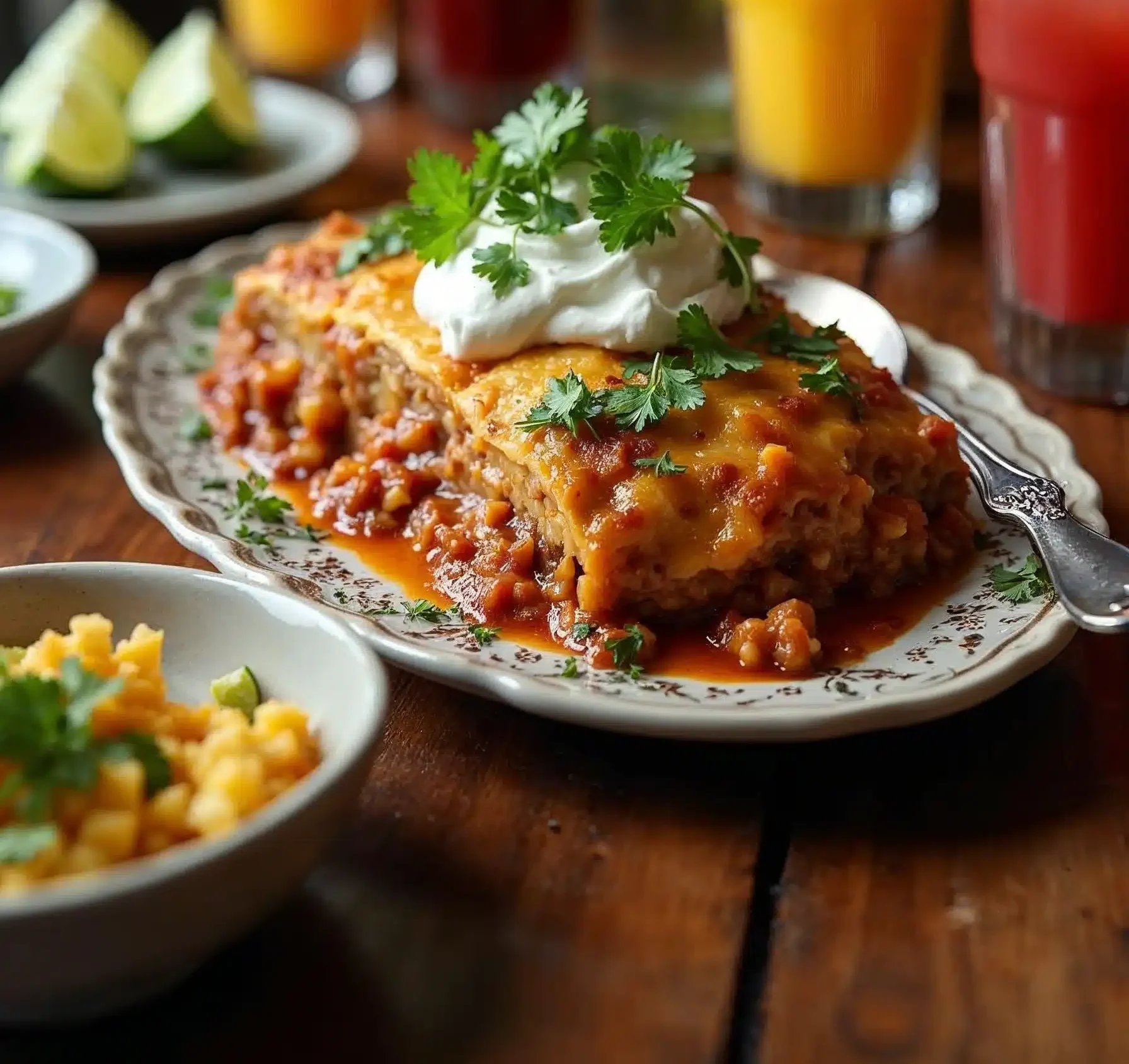 Casserole slice with sour cream and cilantro.