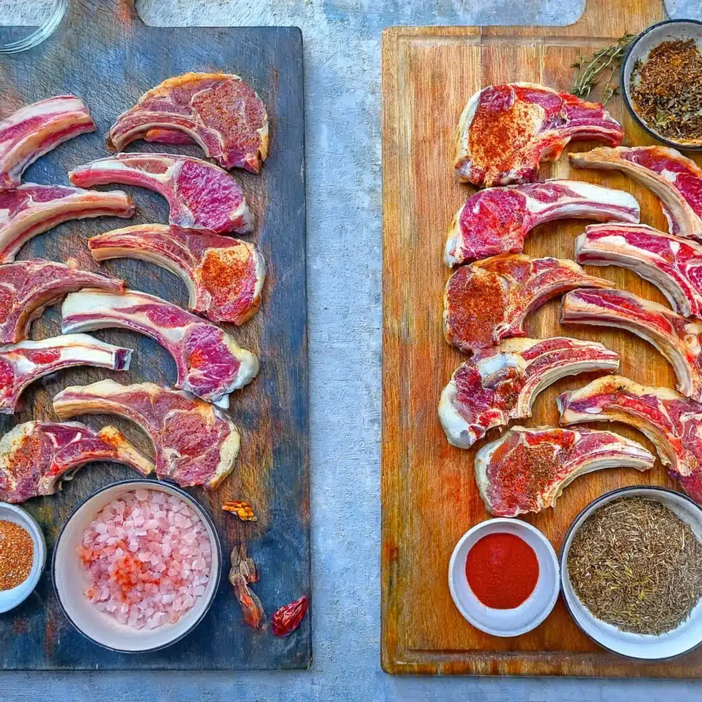 Raw lamb chops on cutting boards with spices and seasonings.