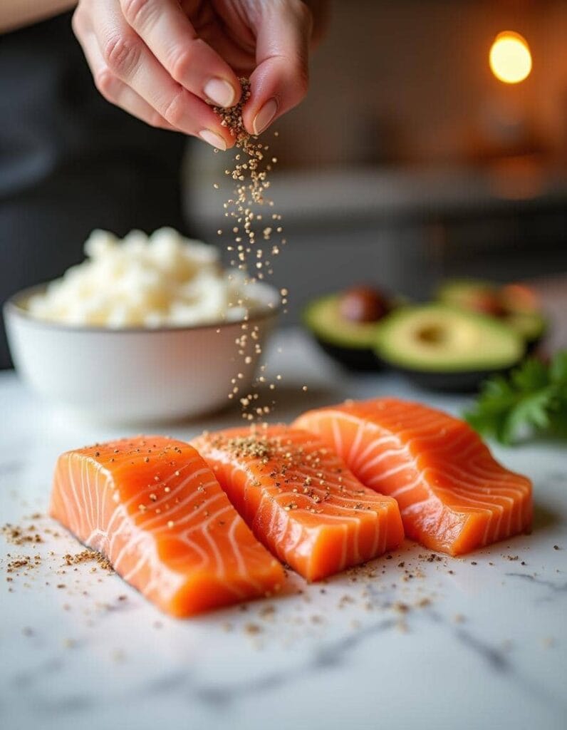 Raw salmon fillets being seasoned with salt and pepper for a salmon rice bowl.