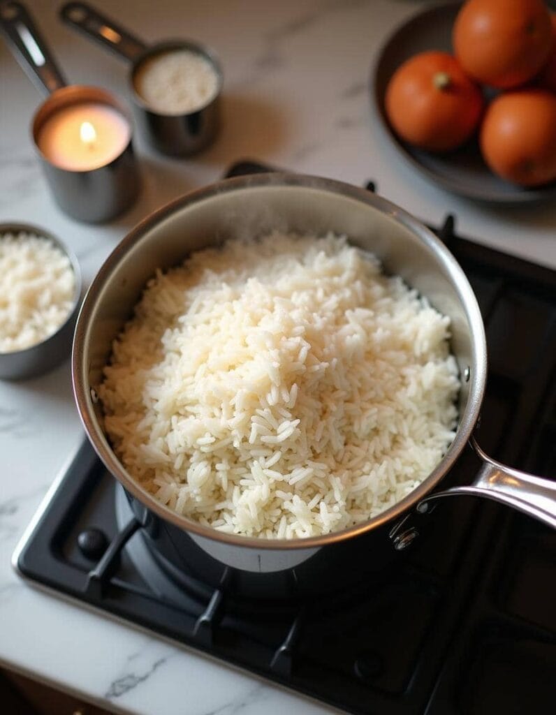 Rice cooking in a pot with steam rising, the base for a salmon rice bowl.