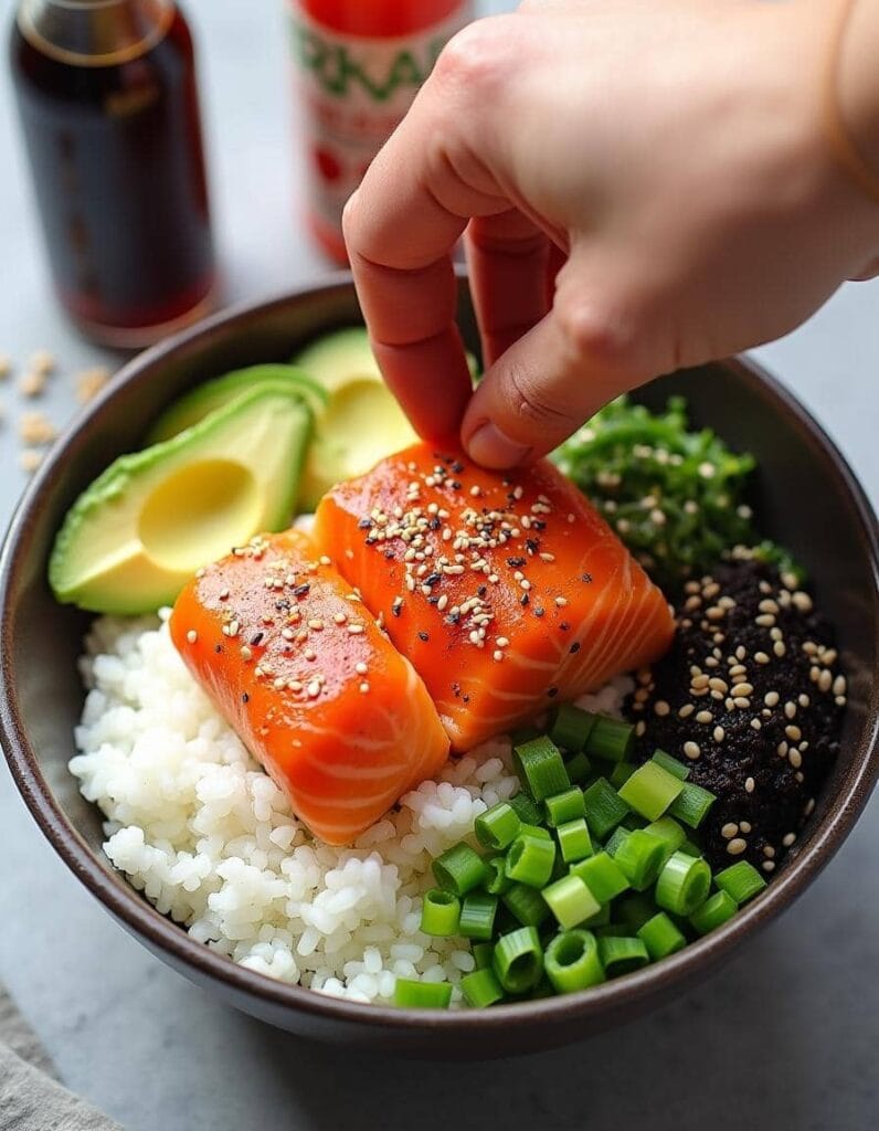 Assembling a salmon rice bowl with seared salmon, rice, avocado, and garnishes.