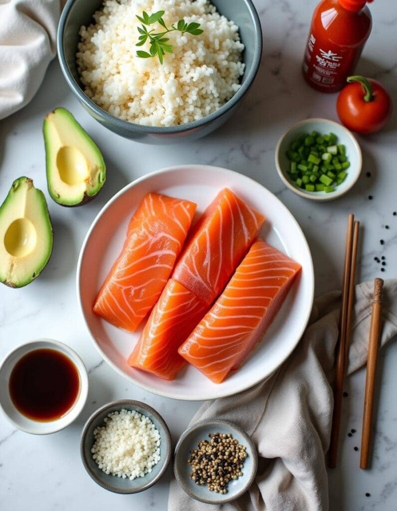 Fresh ingredients for a salmon rice bowl, including salmon, rice, avocado, and seasonings, on a marble countertop.