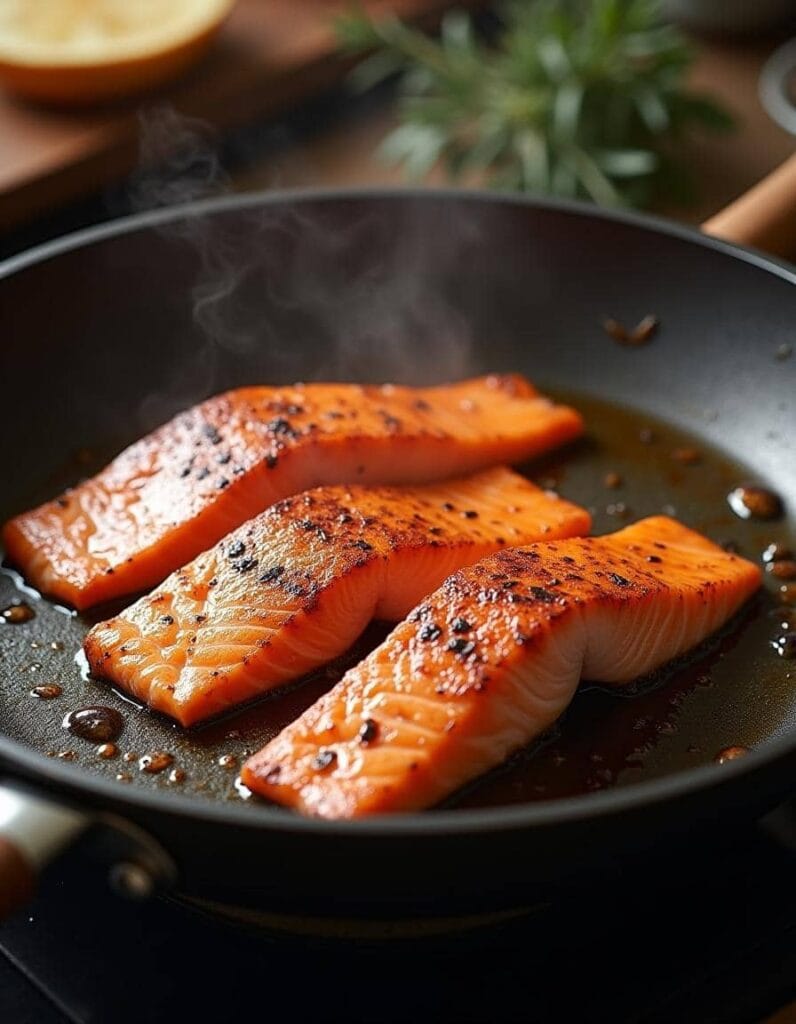 Salmon fillets cooking in a skillet, turning golden and crispy for a salmon rice bowl.