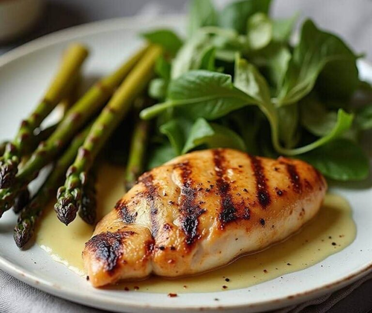 Grilled chicken breast served with fresh asparagus and a side of leafy greens on a white plate.