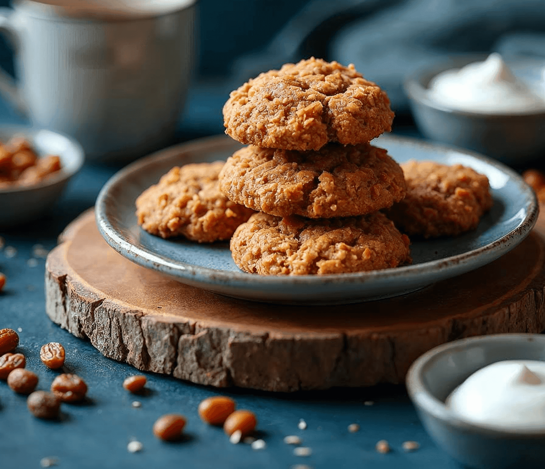 Stack of Carrot Cake Breakfast Cookies served with honey, yogurt, and coffee on a rustic board.