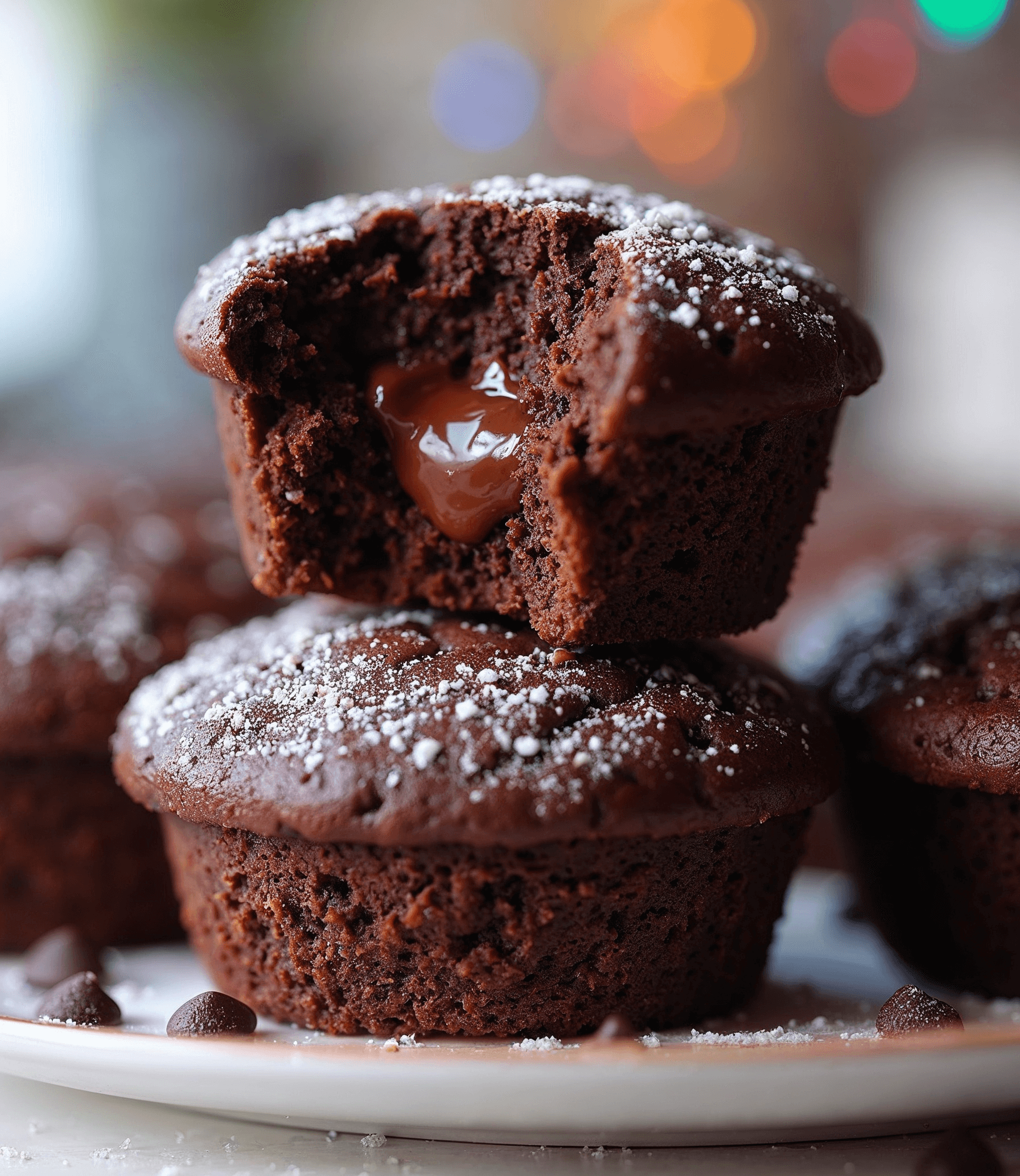 "A plate of Olympic Chocolate Muffins garnished with powdered sugar and served with milk."