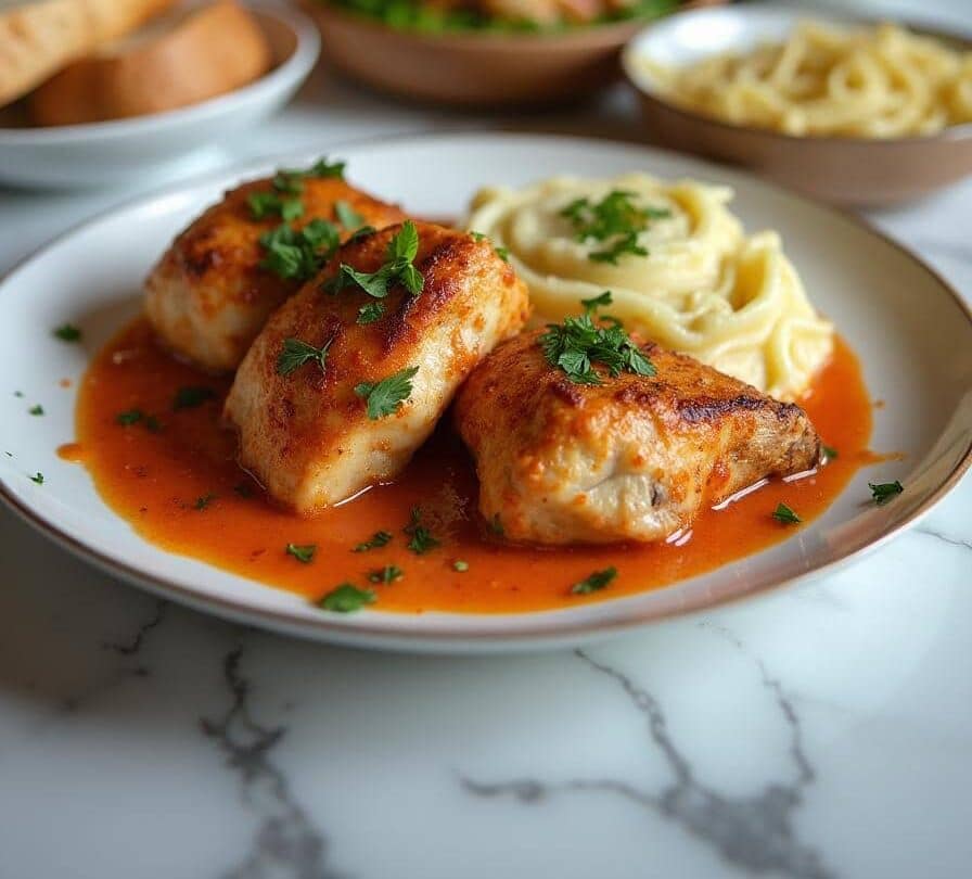 Plate of Marry Me Chicken with creamy tomato sauce, garnished with parsley, served alongside buttery mashed potatoes and noodles.