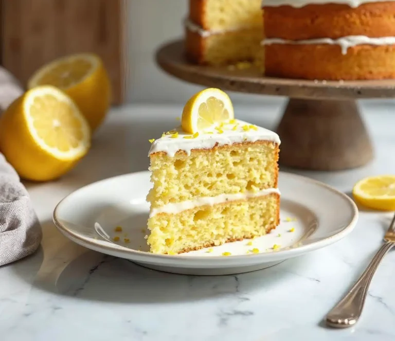 A slice of Lemon Dream Cake served with the full cake in the background on a marble countertop.