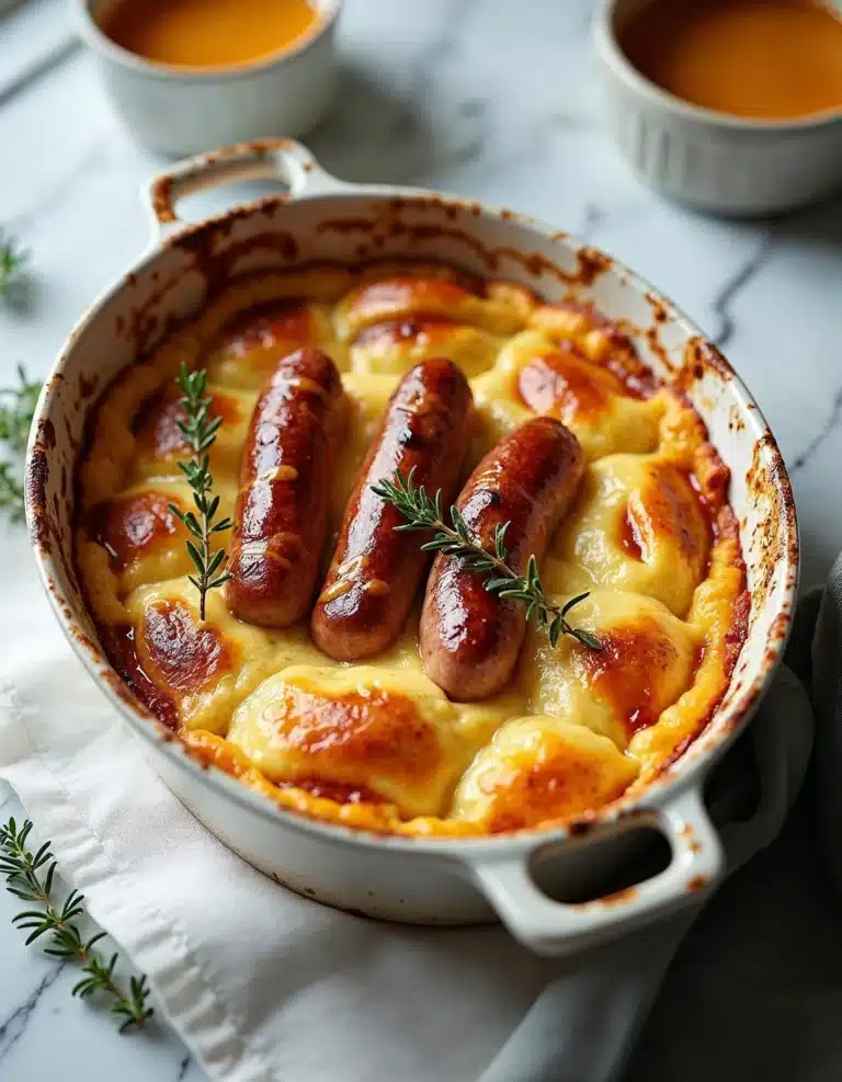 Baked sausages in a casserole dish with golden potatoes and rosemary.