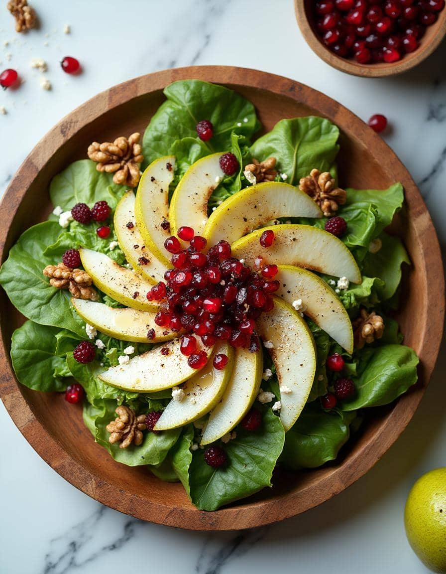 A finished pear salad in a wooden bowl, topped with sliced pears, pomegranate seeds, walnuts, goat cheese, and fresh greens.