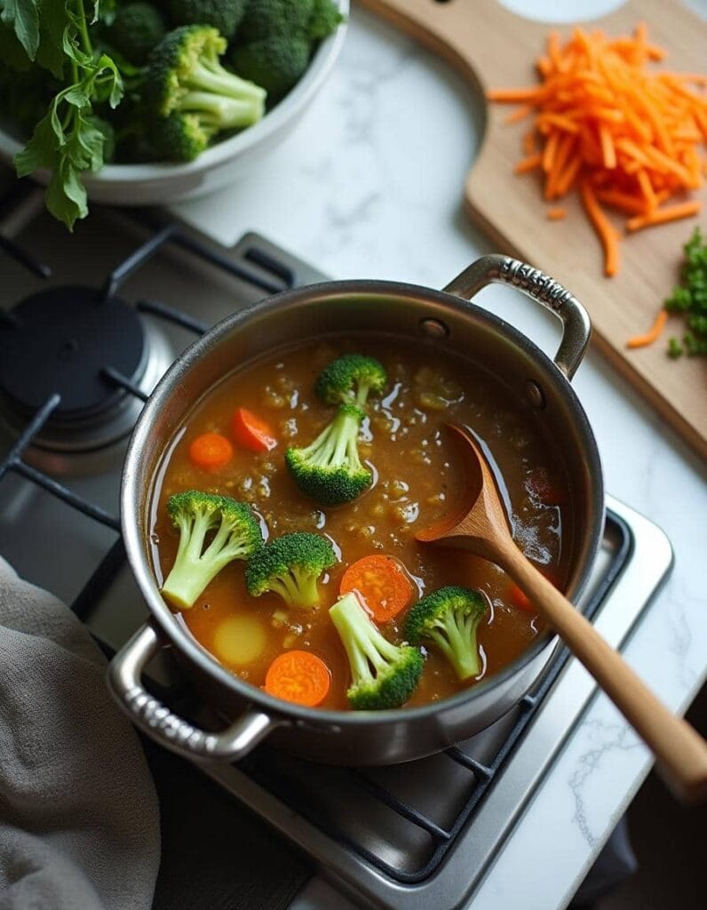 Broccoli, carrots, and other vegetables simmering in broth in a stainless steel pot on a stove.