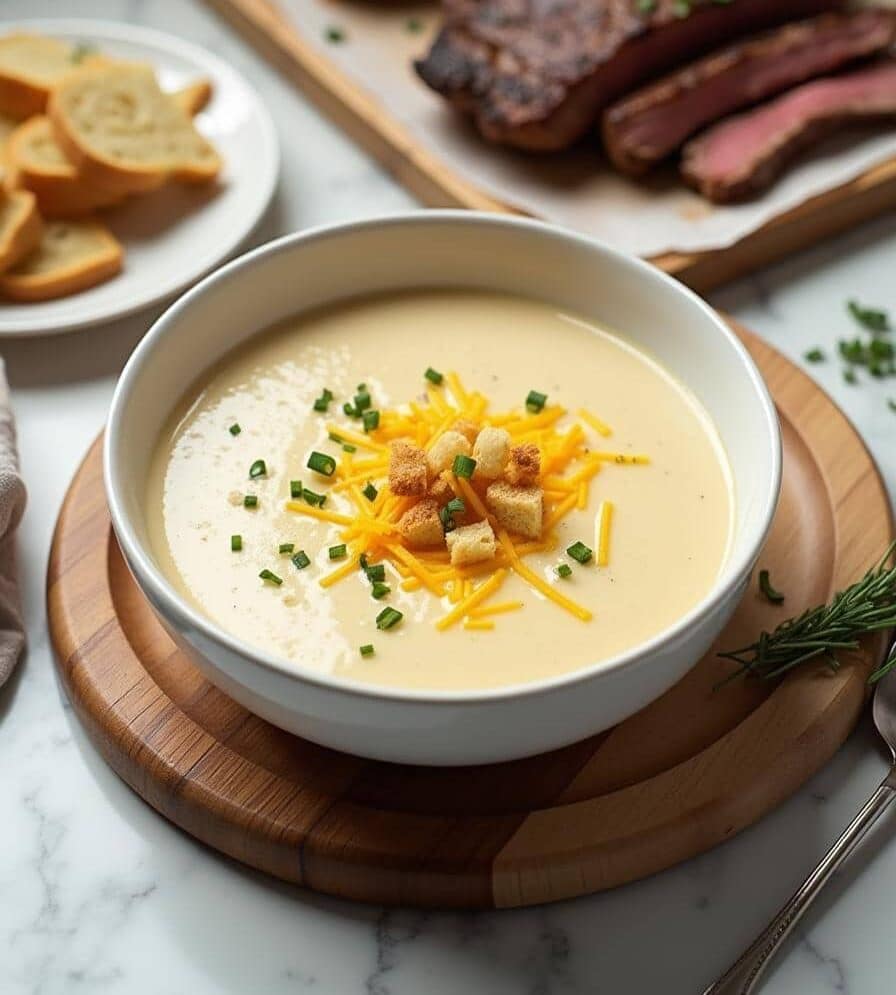 A bowl of broccoli cheese soup garnished with cheddar, croutons, and chives, served alongside ribeye steak and baguette slices.