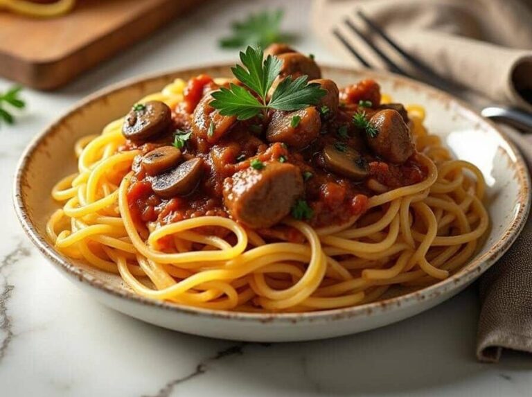 Spaghetti with marinara sauce, mushrooms, and fresh parsley on a white plate.