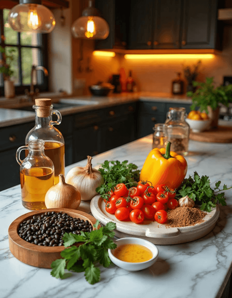 Fresh ingredients including black beans, cherry tomatoes, yellow bell pepper, garlic, and herbs on a marble countertop in a rustic kitchen setting.