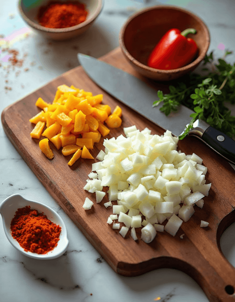 Chopped yellow bell peppers and onions on a wooden cutting board with paprika spice, fresh parsley, and a knife.