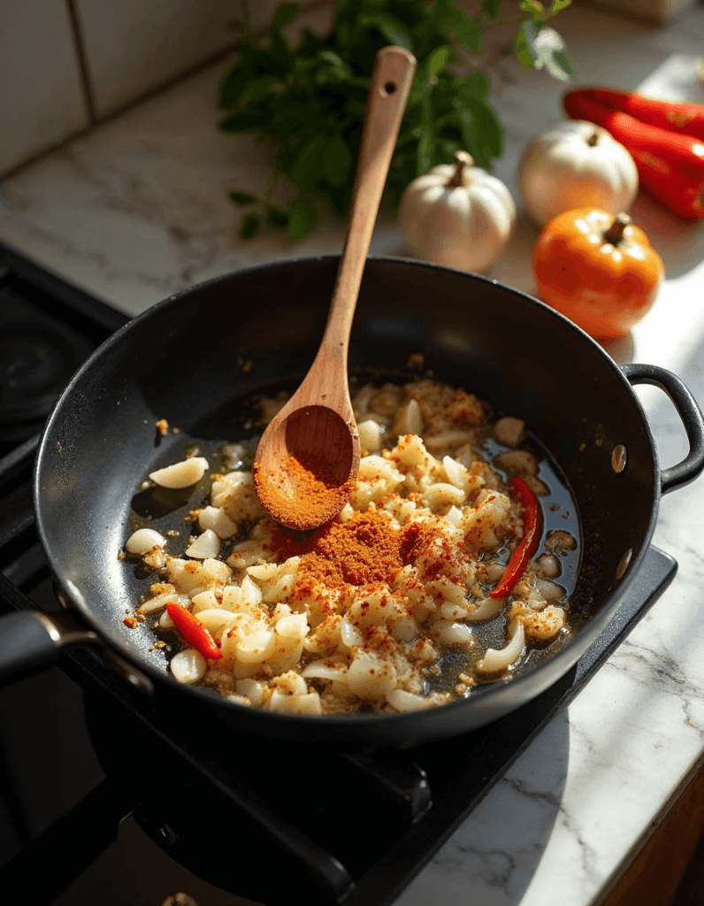 Garlic and spices cooking in a black skillet with fresh chili peppers on a stovetop.