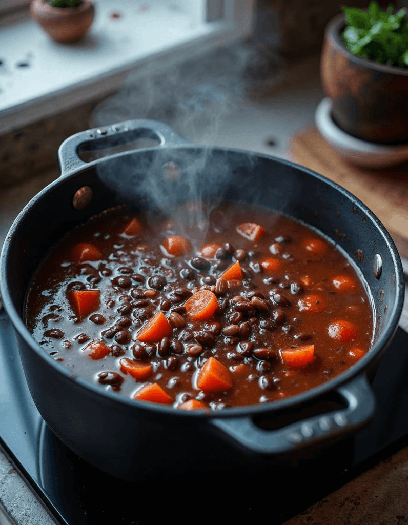 Black beans and diced carrots simmering in a pot of rich tomato-based broth on a stovetop.