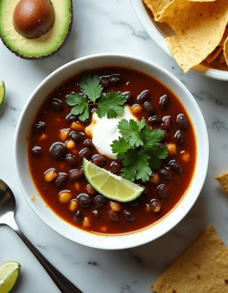 A bowl of black bean soup garnished with cilantro, lime wedge, sour cream, and served with tortilla chips.