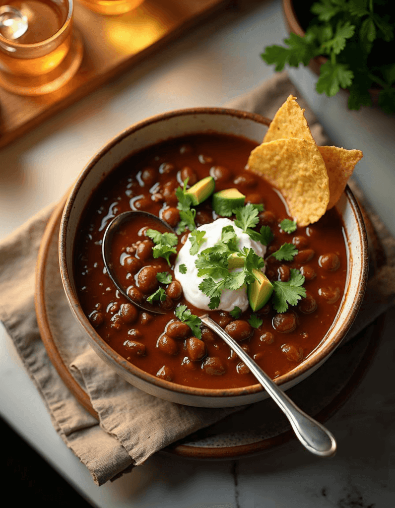 Black bean soup in a rustic bowl topped with sour cream, avocado slices, and fresh cilantro served with tortilla chips.