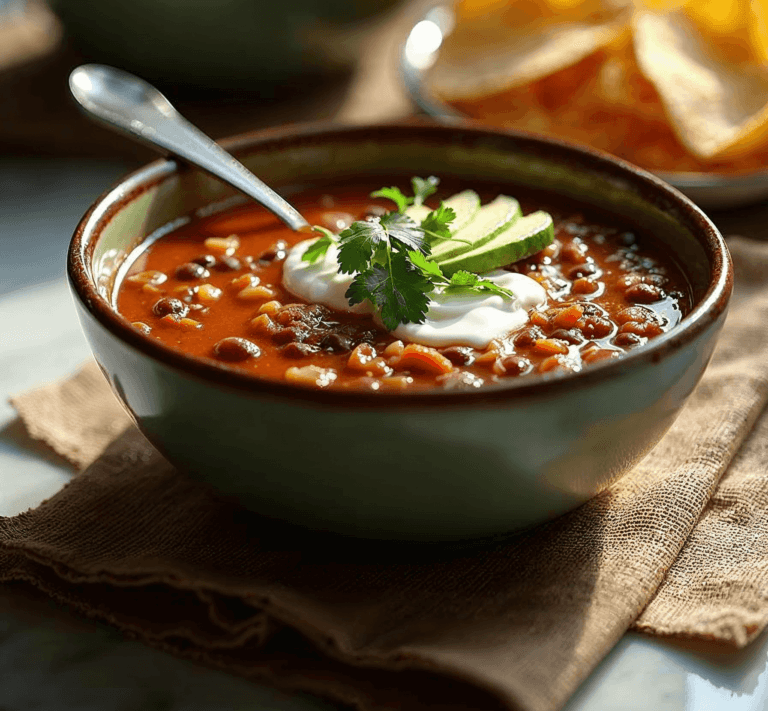 A bowl of black bean soup garnished with sour cream, avocado slices, and cilantro on a burlap napkin with a side of tortilla chips.