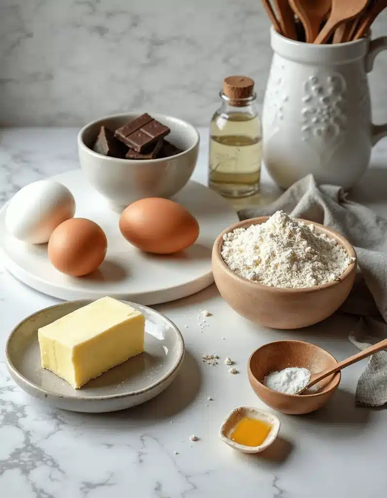 Ingredients for molten chocolate lava cake, including chocolate chunks, butter, eggs, flour, and vanilla, arranged neatly on a marble countertop.