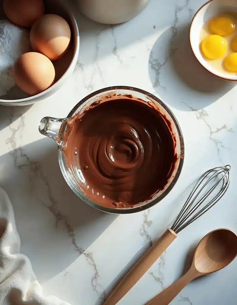 A mixing bowl with smooth, rich chocolate batter, surrounded by eggs and a whisk on a marble counter.