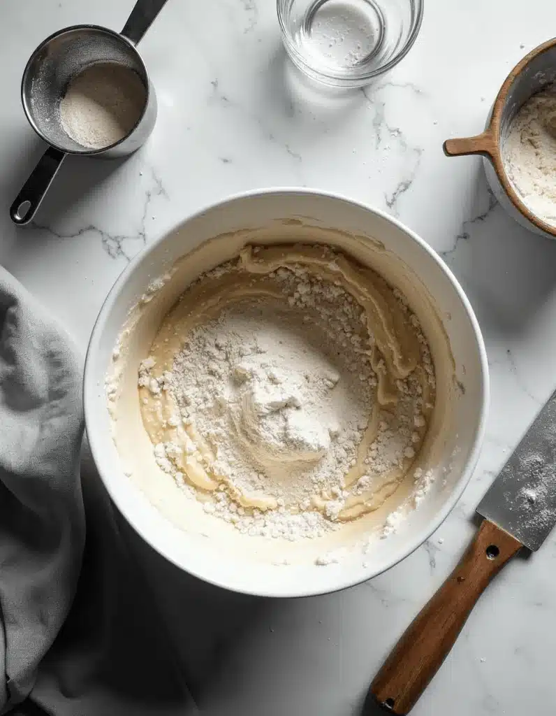 Flour being gently folded into batter in a white mixing bowl, surrounded by a sifter and measuring cups on a marble counter.