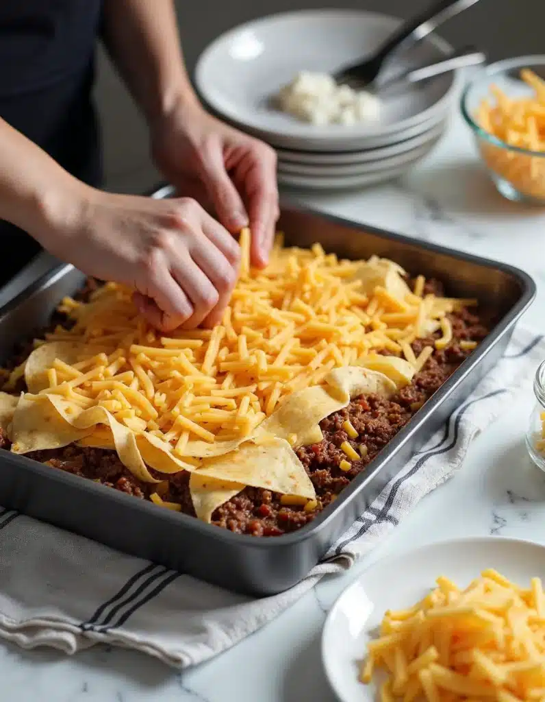 Sprinkling cheese on a casserole.