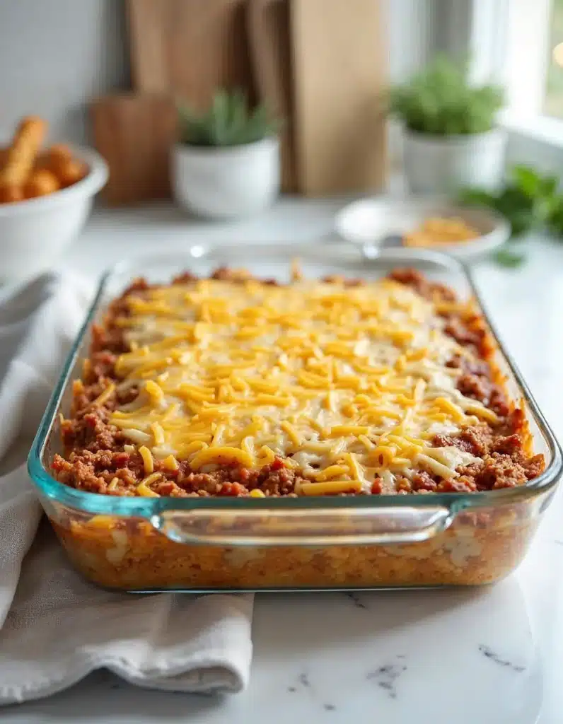 Baked casserole with melted cheese.