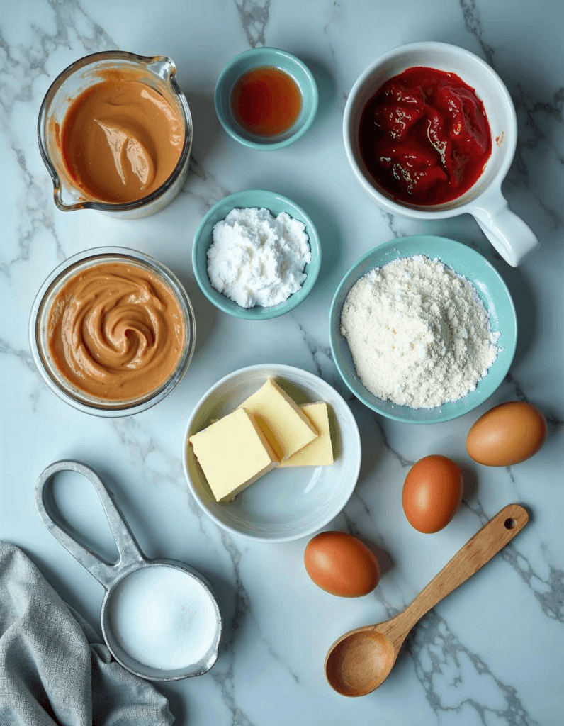 Ingredients for Peanut Butter and Jelly Traybake on a marble countertop.