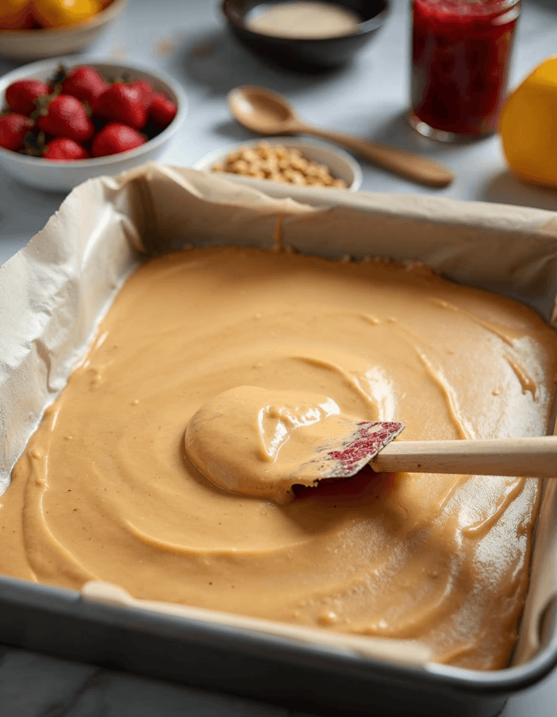 Spreading batter into a tray for Peanut Butter and Jelly Traybake.