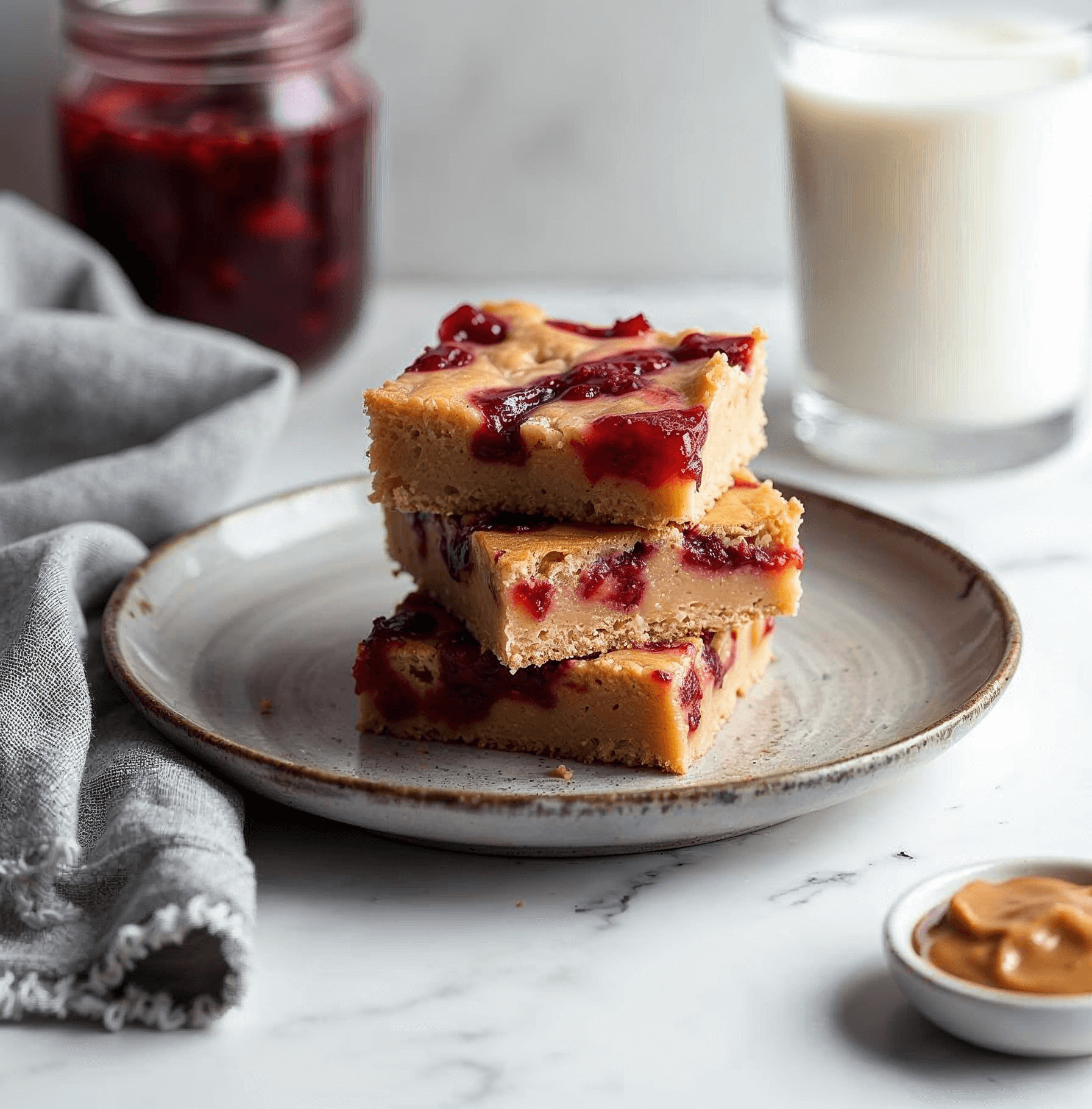 Peanut Butter and Jelly Traybake served on a plate with milk and jam.