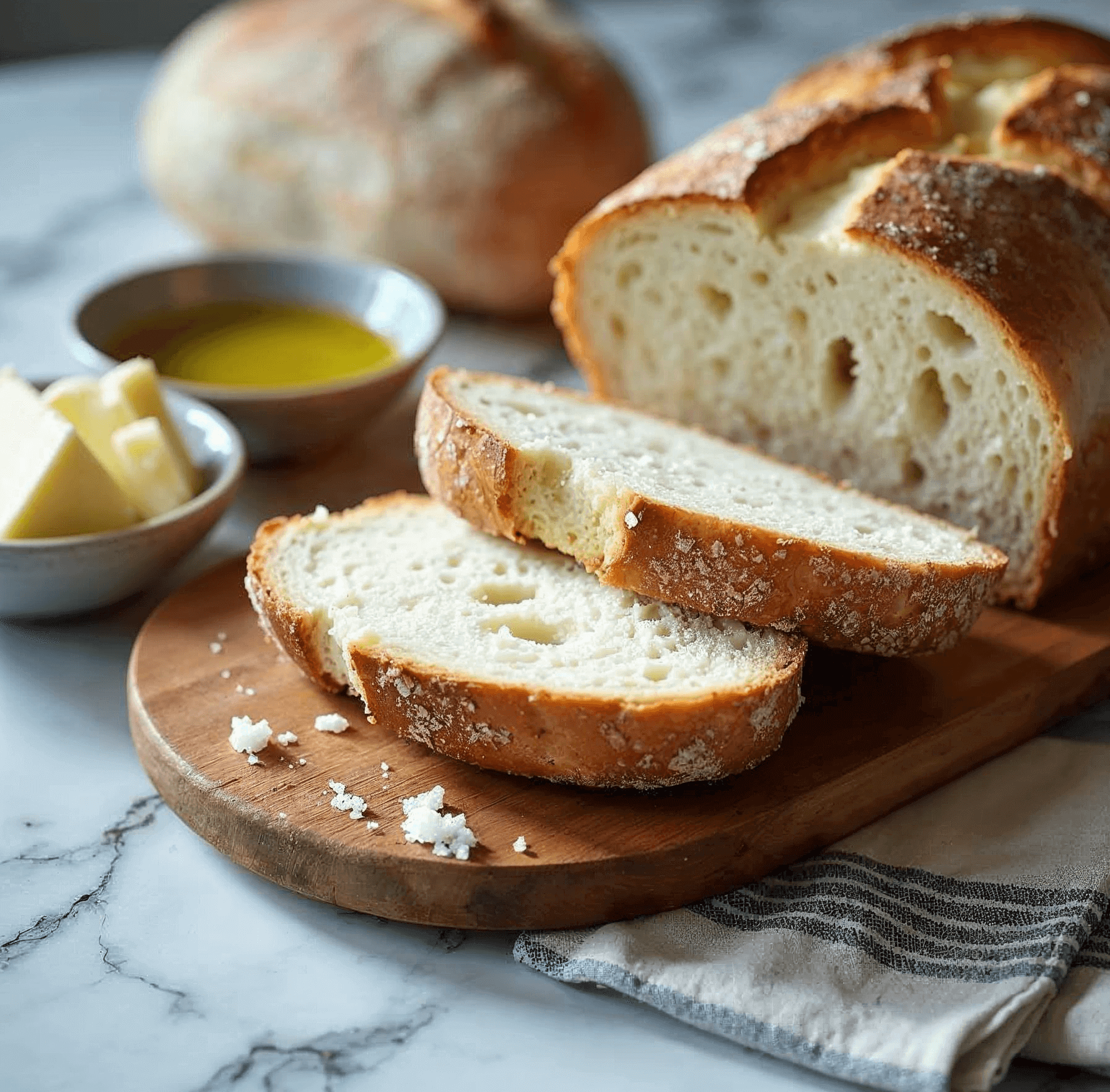 Sliced Cheat’s Sourdough loaf on a wooden board with butter and olive oil on the side.