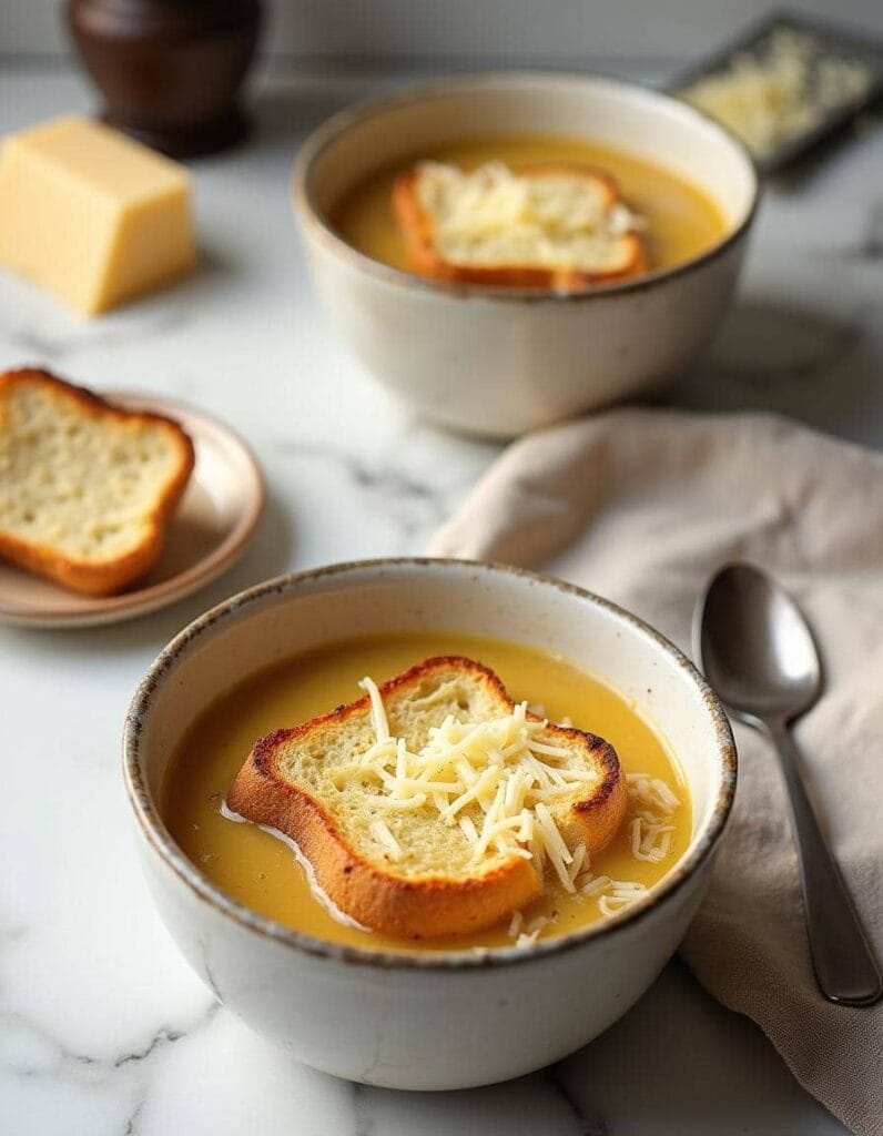 A bowl of creamy soup topped with crispy toasted bread and shredded cheese.