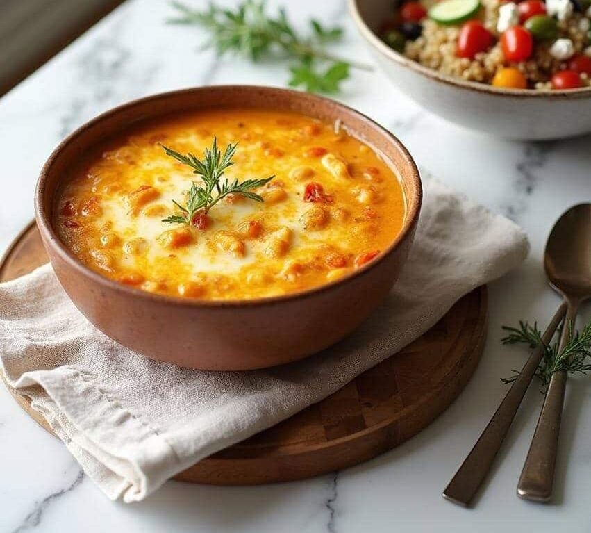 A bowl of vibrant tomato and cheese soup garnished with fresh rosemary, served on a rustic wooden tray.