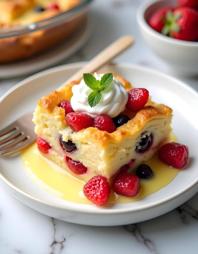 A plated slice of croissant casserole with lemon curd, fresh berries, and whipped cream on marble.