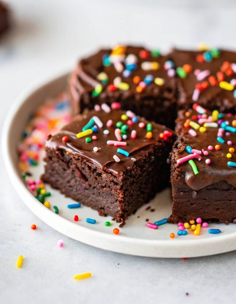 Plate of chocolate brownies with colorful sprinkles and a fork on the side.