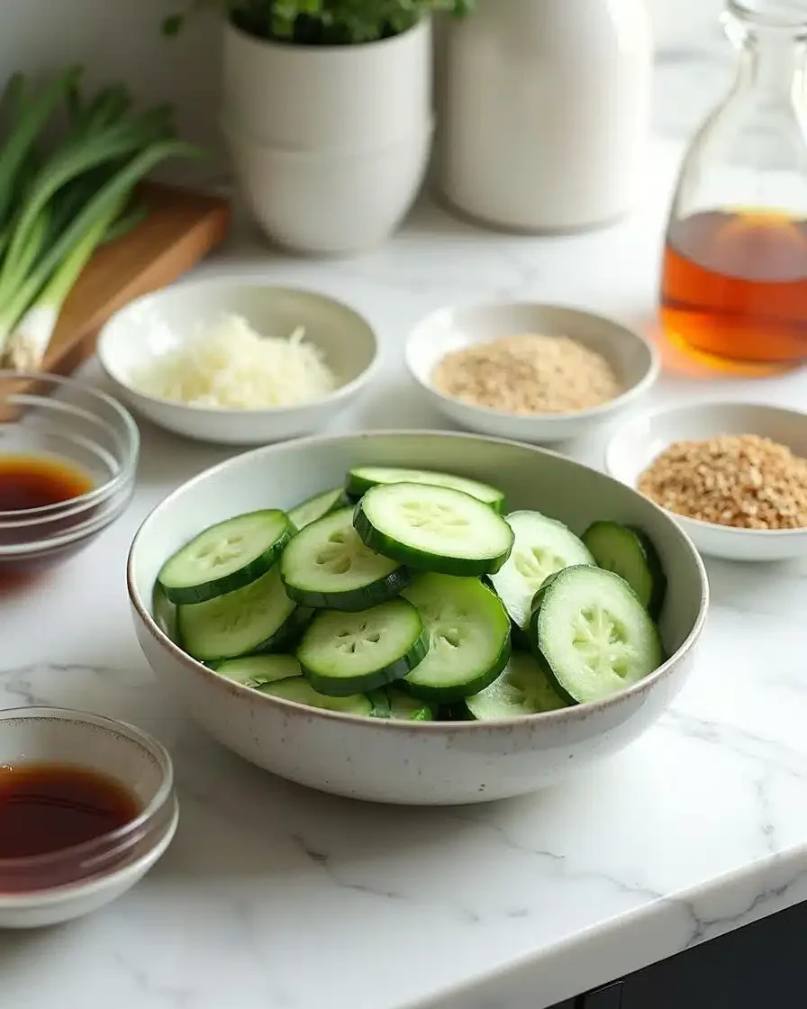 Fresh cucumber salad with Turkish cucumbers, scallions, ginger, garlic, and sesame seeds on a white marble kitchen counter, featuring rice vinegar, soy sauce, and sesame oil dressing.