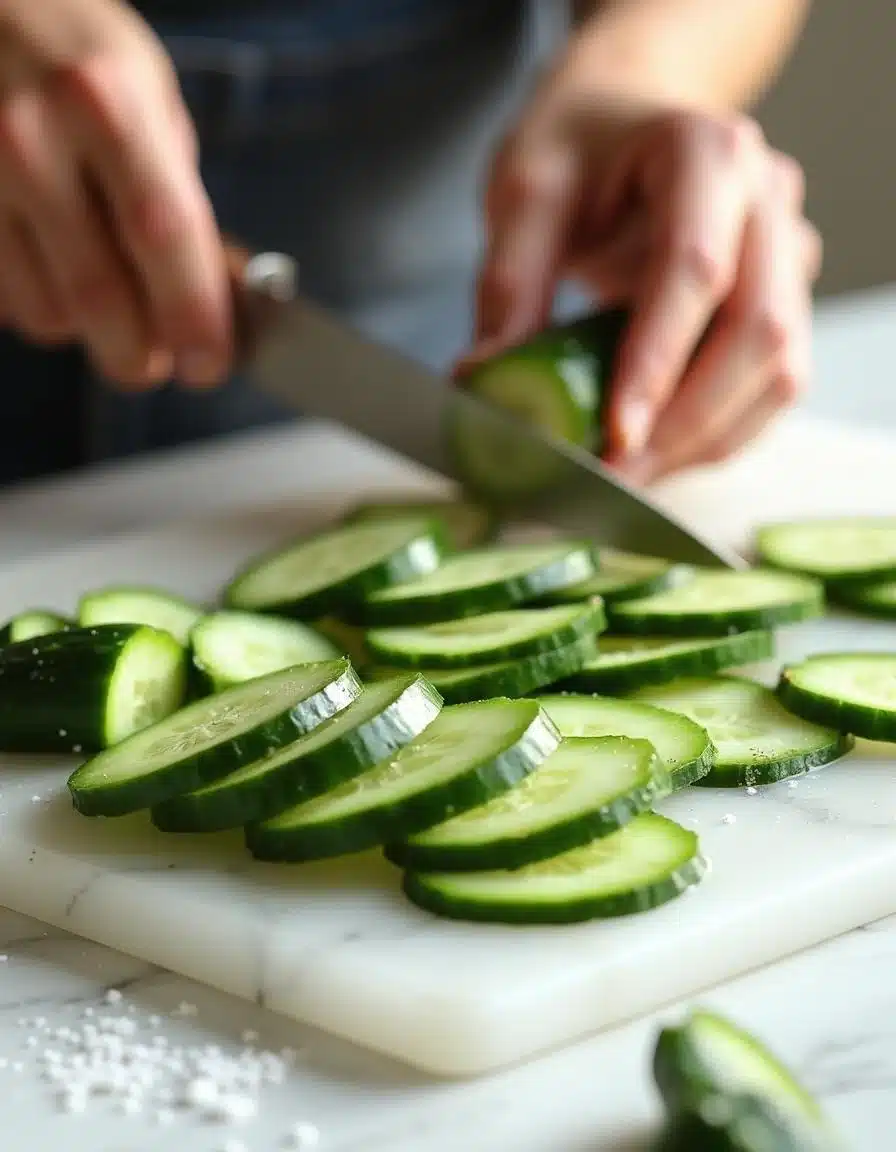 Fresh Turkish cucumbers being washed and sliced on a white marble countertop for an Asian cucumber salad.