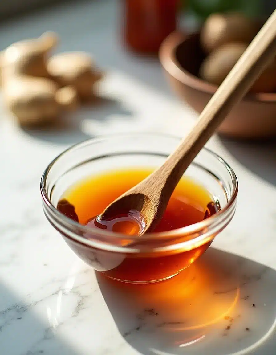 Asian cucumber salad dressing made with rice vinegar, soy sauce, sesame oil, maple syrup, ginger, garlic, and chili sauce in a glass bowl.