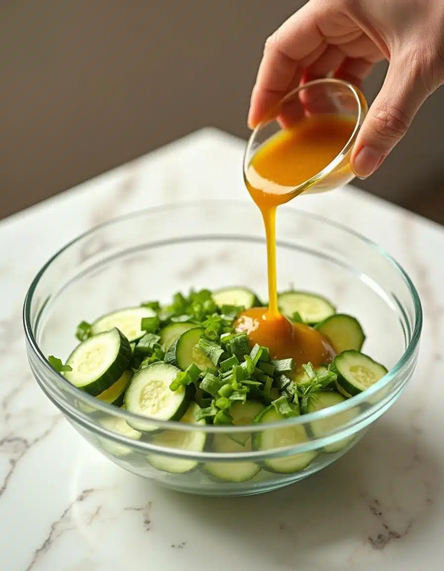 Sliced cucumbers and scallions tossed with dressing in a large glass bowl for an Asian cucumber salad.