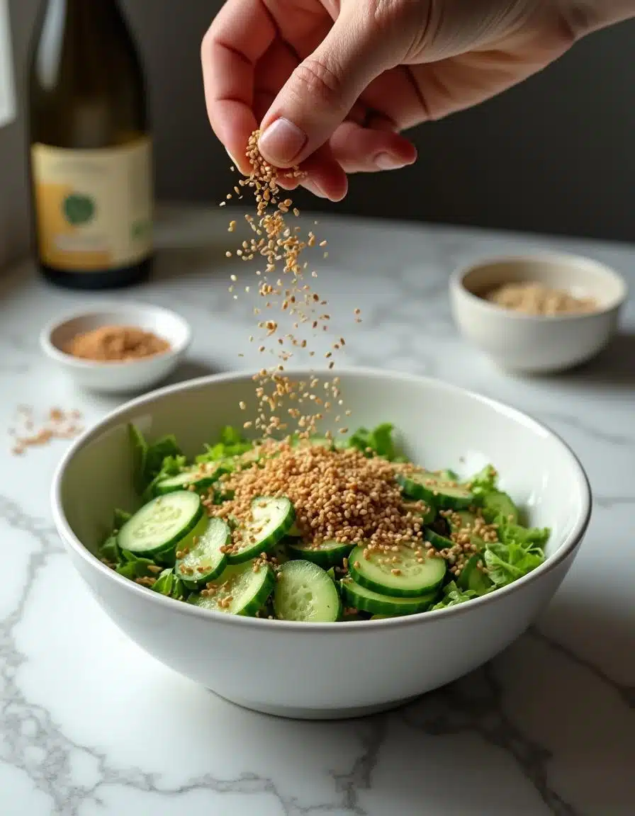 Asian cucumber salad garnished with toasted sesame seeds in a serving bowl on a white marble countertop.