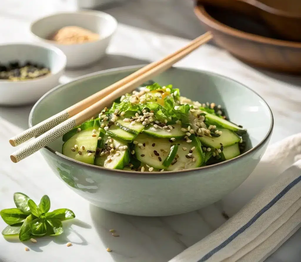 A vibrant Asian cucumber salad served in a stylish bowl, garnished with sesame seeds and scallions, ready to enjoy