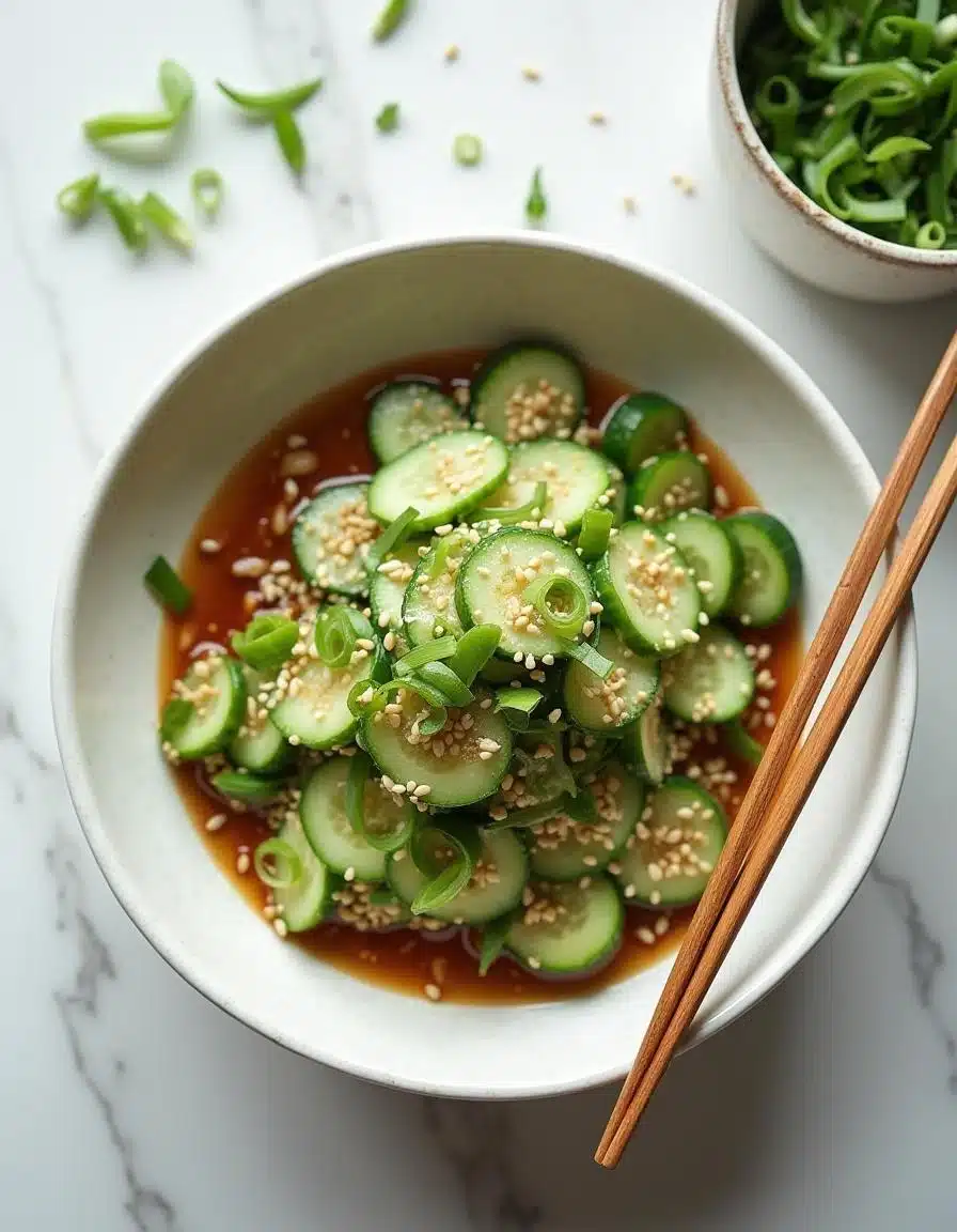 A top-view presented Asian cucumber salad in a serving bowl on a white marble countertop, garnished with sesame seeds and scallions