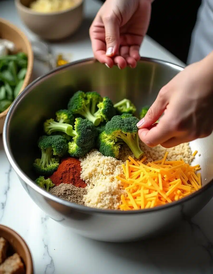 Mixing ingredients for Baked Broccoli Cheese Balls in a stainless steel bowl.