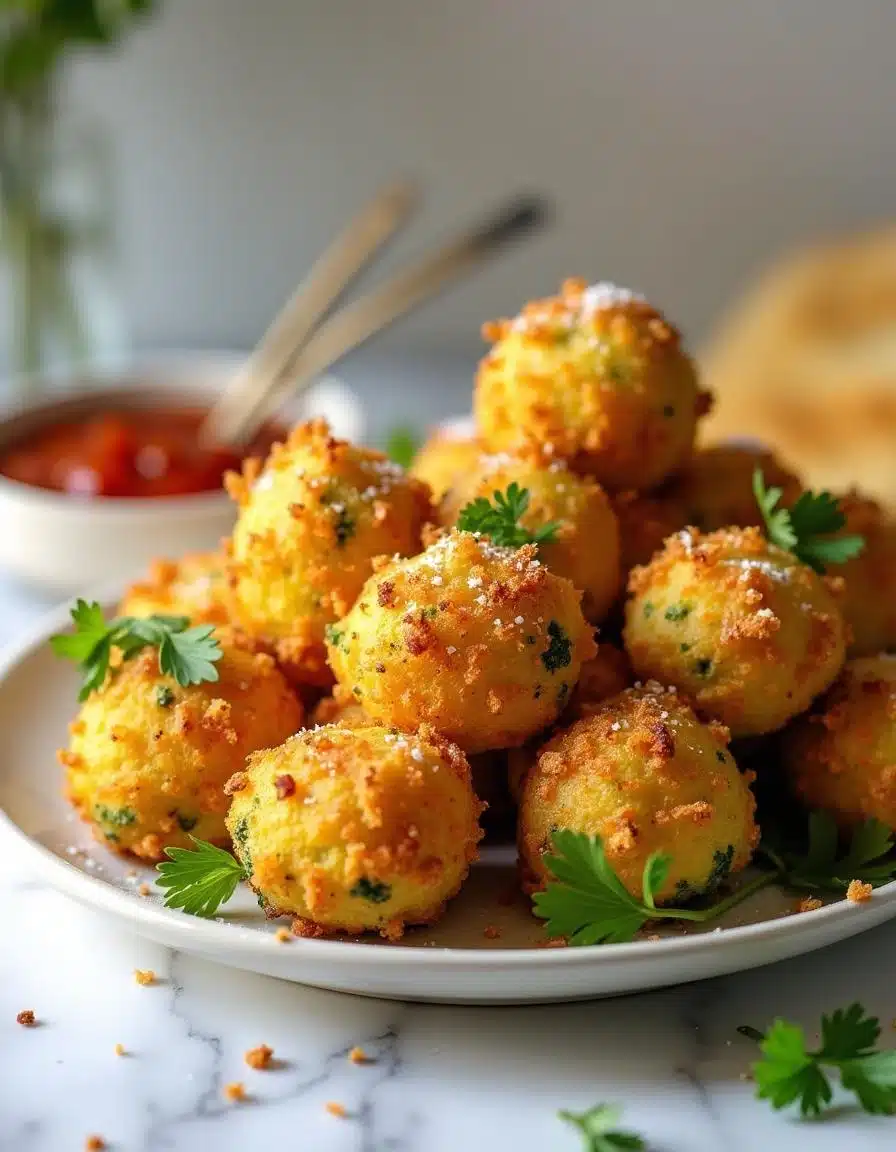 Golden Baked Broccoli Cheese Balls served on a platter.